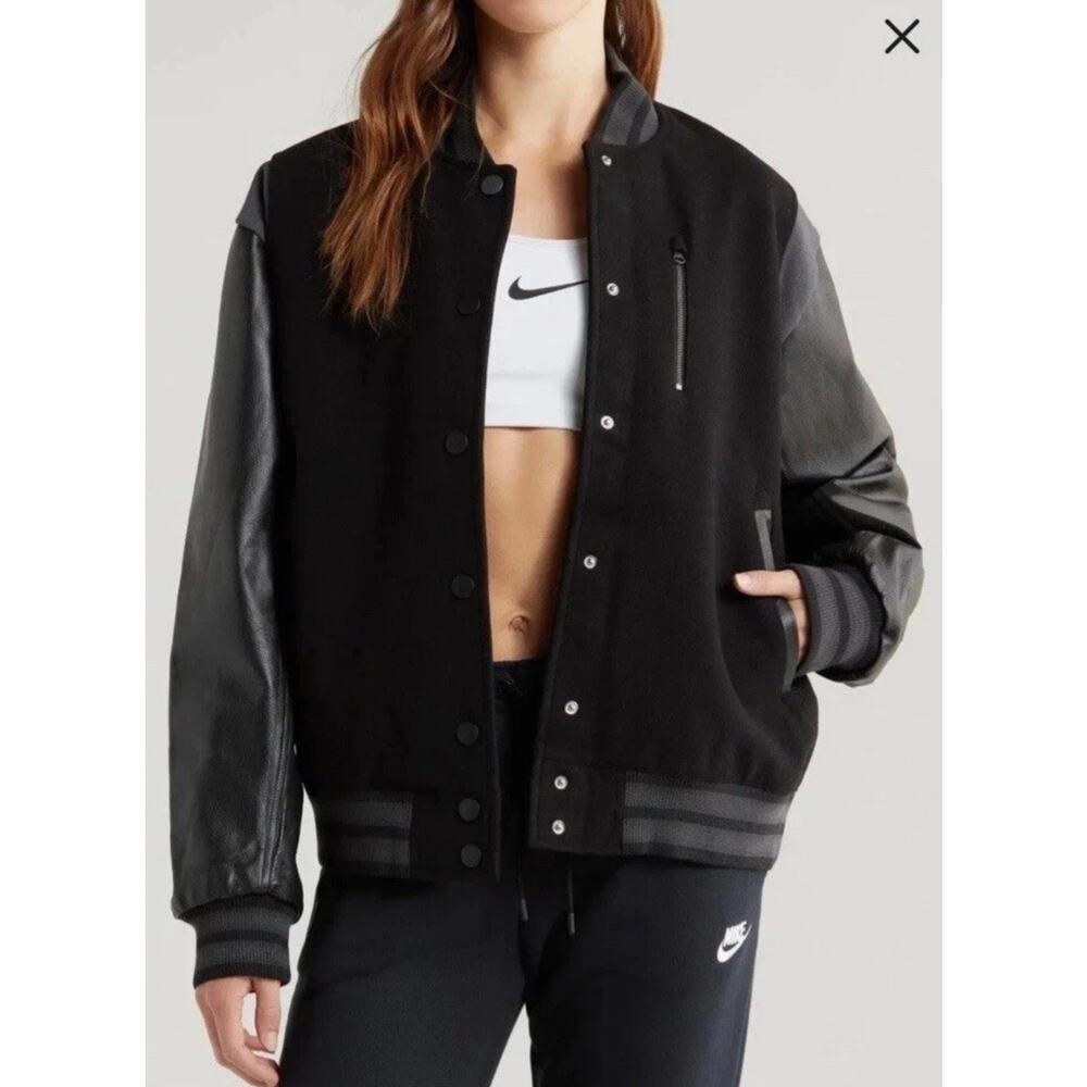 Nike Sportswear Oversized Wool Leather Destroyer Jacket Womens M FN3672 Black